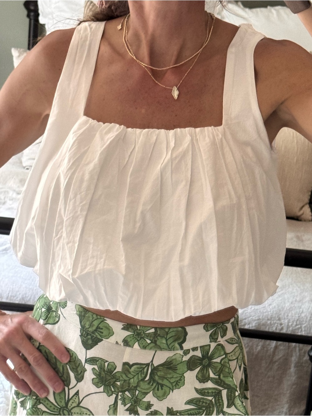 White Square Neck Cotton Crop Top with elastic at the bottom- :